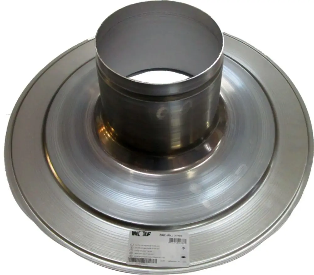 Edles metallisches Bauteil mit einem zentralen Rohr und einer breiten, flachen Basis. Das Produkt trägt das Logo der Marke Wolf und ist sicherlich für die Anwendung im Rohrsystem konzipiert.